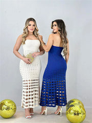 Lunivop Spring Knitwear Hollow Out Long Dress Female Bandeau Loose Backless Holiday Beach Casual Maxi Dress Clothes Knit Dress New