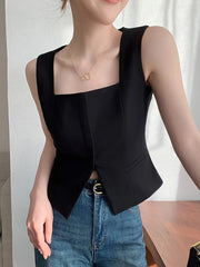 Lunivop Sexy Slit Slim Tanks Women Fashion Cropped Korean Black Tops Casual Elegant Design Square Collar Female Chic Short Tanks