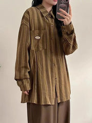 Lunivop Vintage Y2K Striped Shirt Women Harajuku Oversize Loose Japan Blouse Casual Long Sleeve Streetwear Bf Pocket Design Tops