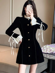 Lunivop Y2K Black Mini Dresses for Women Single Breasted Flare Long Sleeve Ruffles Evening Party Dress Autumn Fashion A-Line Vestidos