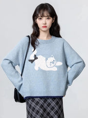 Lunivop Cartoon Cat Print Kawaii Sweaters Women Sweet Bow Long Sleeve Cute Knitted Jumper Vintage Japan O Neck Casual Loose Pullovers