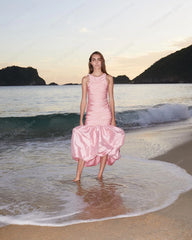 Lunivop Sweet Pink Pleated Satin Prom Dress Hi Low Long Beach Dresses Backless Formal Gown With Pleate Ruffle Bottom Vestidos De Novia