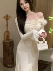 Lunivop Korean Vestidos Para Mujer Spring Autumn New Knitted Dresses For Women Slash Neck Flare Sleeve Lace Patchwork Slim Mermaid