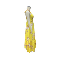 Lunivop Female Sleeveless Pleated Long Dress Summer V-Neck Floral High Waist Party Sexy Holiday Beach Spaghetti Strap Sundress