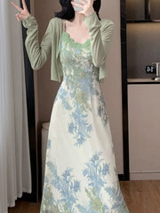 Lunivop Fashion Spring Summer Two Piece Set Women Cardigan Short Top + Retro Jacquard Spaghetti Straps Midi Dress Elegant Party Suits