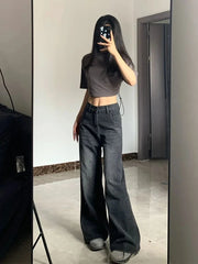 Lunivop Korean Vintage High Waist Women's Jeans Y2K Slimming Pear-Shaped Loose Straight Bell Bottoms Black Gray Baggy Denim Trousers