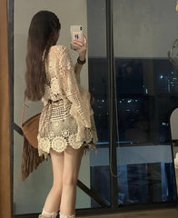 Lunivop Crochet Tunic Top Boho Women Summer Beach Wear Lantern Sleeve Tassel V-Neck Open Knit Top