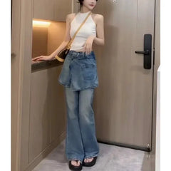 Lunivop Fake Two Pieces Distressed Loose Casual Jeans Women 2024 Autumn New Streetwear Fashion All Match Washed Denim Wide Leg Pants