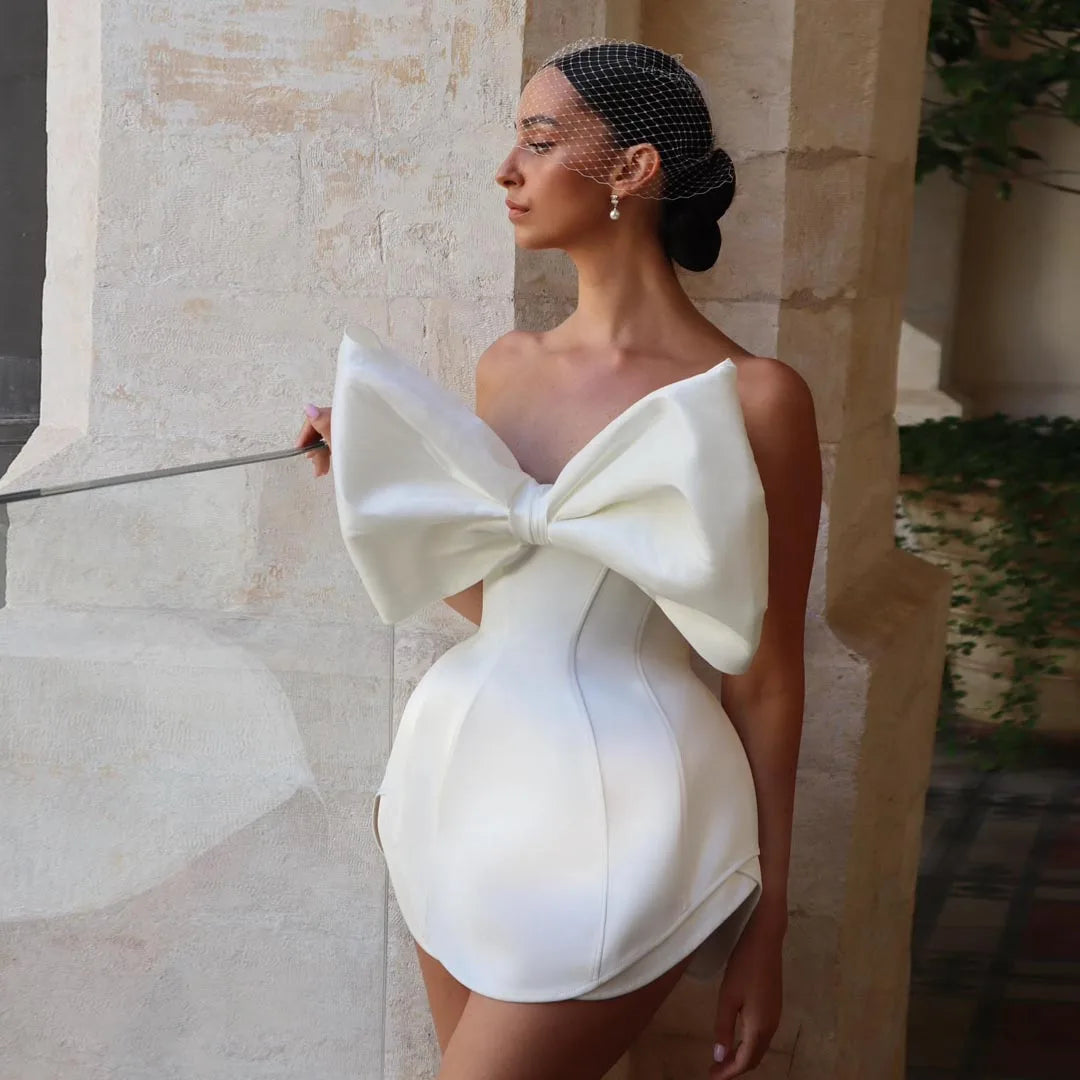 Lunivop Sexy White Satin Short Mini Wedding Party Dresses Strapless Prom Gowns Big Bow Princess Bride Gowns Formal Bridal Event Dress