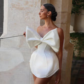 Lunivop Sexy White Satin Short Mini Wedding Party Dresses Strapless Prom Gowns Big Bow Princess Bride Gowns Formal Bridal Event Dress
