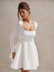 Lunivop Sexy Square Collar A-line Women Dress White Long Sleeve Evening Dress Female Winter Slim Elegant Party Clubwear Vestidos