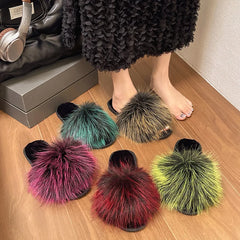 Lunivop Fashion Women Furry Slippers New Spring Fox Hair Fluffy Sandals Woman Solid Color Low Heels Flat Slippers Zapatos De Mujer