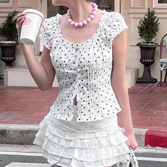 Lunivop Summer Women's Fashion Ins Korean Style Gentle Polka Dot Ruffle U-Neck Pleated Slimming Puff Sleeve Shirt For Women