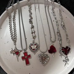 Lunivop Gothic Religious Cross Red Heart Pendant Necklace Set for Women Grunge Hip Hop Necklace Jewelry Gifts