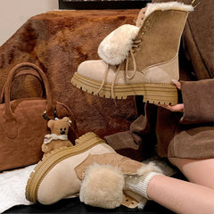 Lunivop Winter Thick Soled Snow Boots Retro Round Toe Lace Up Suede Leather Thick Cotton Shoes Women Platform Mid-calf Boots