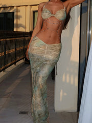 Lunivop Pearl Splice Stunning Dresses Women Sexy Tie Dye Tassel Bandage Hollow Shirring Maxi Bodycon Lady Vacation Party Vestidos