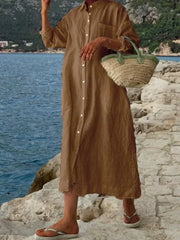 Lunivop New Summer Women's Cotton Linen Shirt Beach Vacation Style Shirt Skirt Flip Collar Pocket Long Sleeve Sun Protection Robe