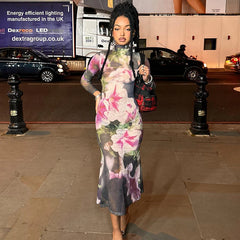 Lunivop Y2K Sexy Floral Print Backless Bandage Bodycon Mesh Sheer Party Dresses Fashion Lace-Up Long Sleeve Long Dresses Women