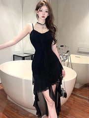 Lunivop Black Patchwork Mesh Ruffled Sexy Club Dress Summer Pleated Bodycon Sling Dress Women Korean Vintage Hepburn Evening Dress