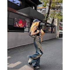 Lunivop American Style Women Jeans Washed Loose Full-length Wide Leg Harajuku Patchwork Gradient High Street Youthful Fashion Hip Hop