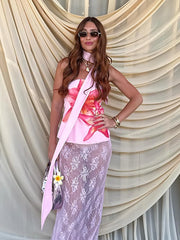 Lunivop Sexy Strapless Print Floral Ribbon Women Tank Top Pink Backless Halter Tops Female Spring Slim Elegant Party Streetwear