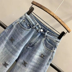 Lunivop Letter embroidery Hot Diamond Denim Wide leg Trousers Women's New High waisted Loose Straight leg Jeans Floor length Pants