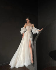 Lunivop Strapless Beads Detachable Puff Sleeves Shiny White Tulle Wedding Dress High Side Slit Zipper Back Bridal Gowns Vestidos De Novi