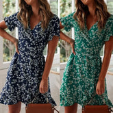 Lunivop Summer European And American Printed V-neck Lace High-waisted Chiffon Floral Dress