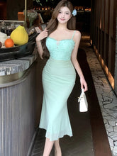 Lunivop New Green Mesh Patchwork Diamonds Sling Long Dress Summer Elegant Casual Home Dress Women Korean Fashion Bodycon Prom Dress
