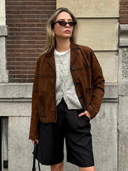 Lunivop Single-Breasted Suede Jackets Women Vintage Short Long Sleeved Jacket For Woman Autumn Casual Brown High Street Outwear