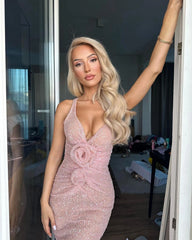 Lunivop Sparkle V-neck Sequins Light Pink See Through Mermaid Dress Floor Length Prom Dresses Custom Made Ever Pretty Evening Dresses