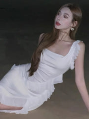 Lunivop Women Dresses Ruffles Patchwork Irregular Split Square Collar Backless Holiday Temperament Party Dress Female Chic