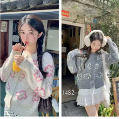 Lunivop Cute Floral Knitted Cardigan for Women Cozy O-neck Button Front Sweater Jacket Teen-girl Fall Winter Korean Fashion Outfit