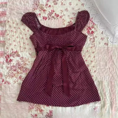 Lunivop New Europe Harajuku Slim Cami U Neck Puff Sleeve Bow Polka Dot Sweet Vest Lace Up All-match Women French Style Ropa Mujer