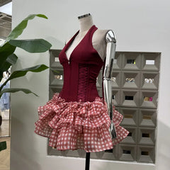 Lunivop Summer Fashion Halter Lace Up Deep V-neck Slim Fit Vest Top+ High Waist Cake Skirt for Women New Two Piece Sets