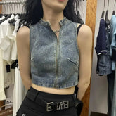 Lunivop New Summer Fashion High Street Denim O Neck Zip Up Vest Harajuku Y2k All Match Casual Camisole American Punk Short Clothes