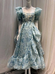 Lunivop New Print Women Floor-Length Dress French Niche Design Floral Tail Square Neck Bubble Sleeve Dresses Female