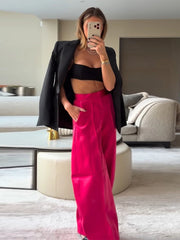Lunivop Lustrous Satin Wide-Leg Pants Hot Pink Oversize Pleated Spring Fashion Women Bottoms Chic Tailored Date Party Lady Trousers