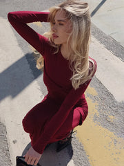 Lunivop Sexy Round Neck Ruched Knot Women Maxi Dress White Long Sleeve Evening Dress Female Autumn Skinny Elegant Party Clubwear