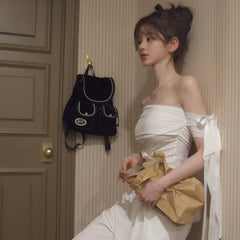 Lunivop Solid Sexy Off Shoulder Casual Slash Neck Bow Pleated Slim Fit Crop Tops Y2K Spring Summer New Daily Cute Fashion Vest