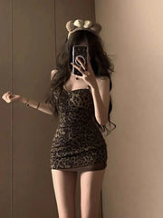 Lunivop Vintage American Halter Grunge Punk Women Dress Sexy Fashion Leopard Print All Match Casual Clothes Y2k Aesthetic Casual Dresses