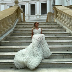 Lunivop Beauty Lush Ruffles Tiered Tulle Bridal Dressese For Wedding V Neck Mesh Wedding Gowns With Train Puffy Pleated Ruffled Dressing