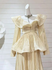 Lunivop Solid Ruffles Women's 2 Piece Sets V Neck Long Sleeve Shirt High Waist Skirts Loose Elegant Set Autumn 2025 New
