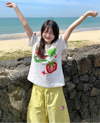 Lunivop T Shirts Women Sweet Cartoon Fruit Printed Short Sleeve O Neck Summer Fashion Loose Y2k Tops Female Casual Tshirt