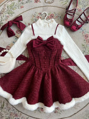 Lunivop Winter Christmas Warm Bow 3-piece Set Women Design Sweet High Neck Knitwear + Red Loose Shawl Sling Solid Lint Dress Suit New