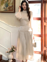 Lunivop Elegant Chic French Pleated Solid Dresses New Puff Sleeves Slim Wasit Midi Women's Dresses Party Prom Female Clothes Mujer