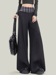 Lunivop Plaid Patchwork Suit Pant Women Vintage Casual Korean High Waist Trouser Autumn Retro Loose Elegant Black Wide Leg Pant New