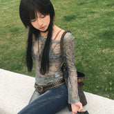 Lunivop Street Print Print Sun Protection T-shirt for Women Mesh Long Sleeve Off Shoulder Tops Mujer 2025 Summer Thin Bottoming Tees