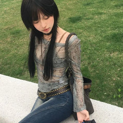 Lunivop Street Print Print Sun Protection T-shirt for Women Mesh Long Sleeve Off Shoulder Tops Mujer 2025 Summer Thin Bottoming Tees