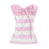 Lunivop American Sweet Spice Girl Lace Edge Harajuku Y2k Constrast Color Striped T Shirts Harajuku Bow Design Punk Strapless Clothes